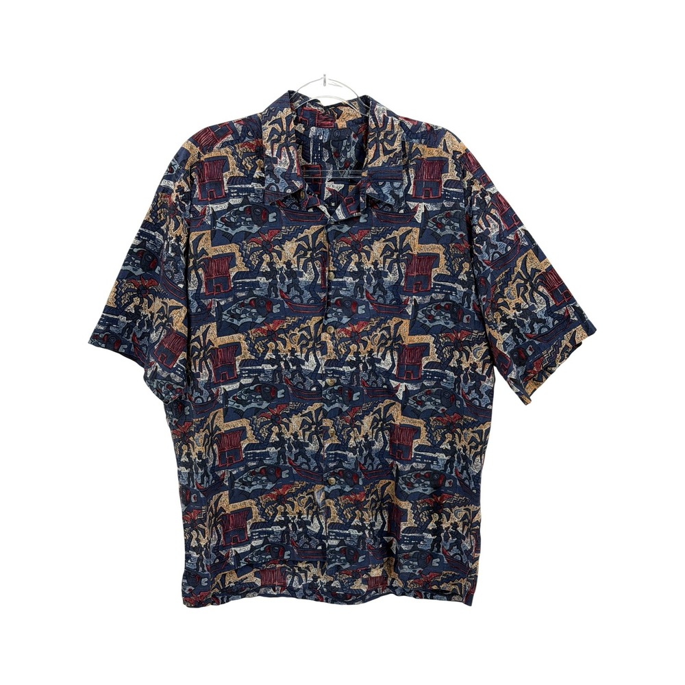 Vintage Sun Fashions of Hawaii Shirt Mens XL Navy Tropical Tiki Button Up Summer